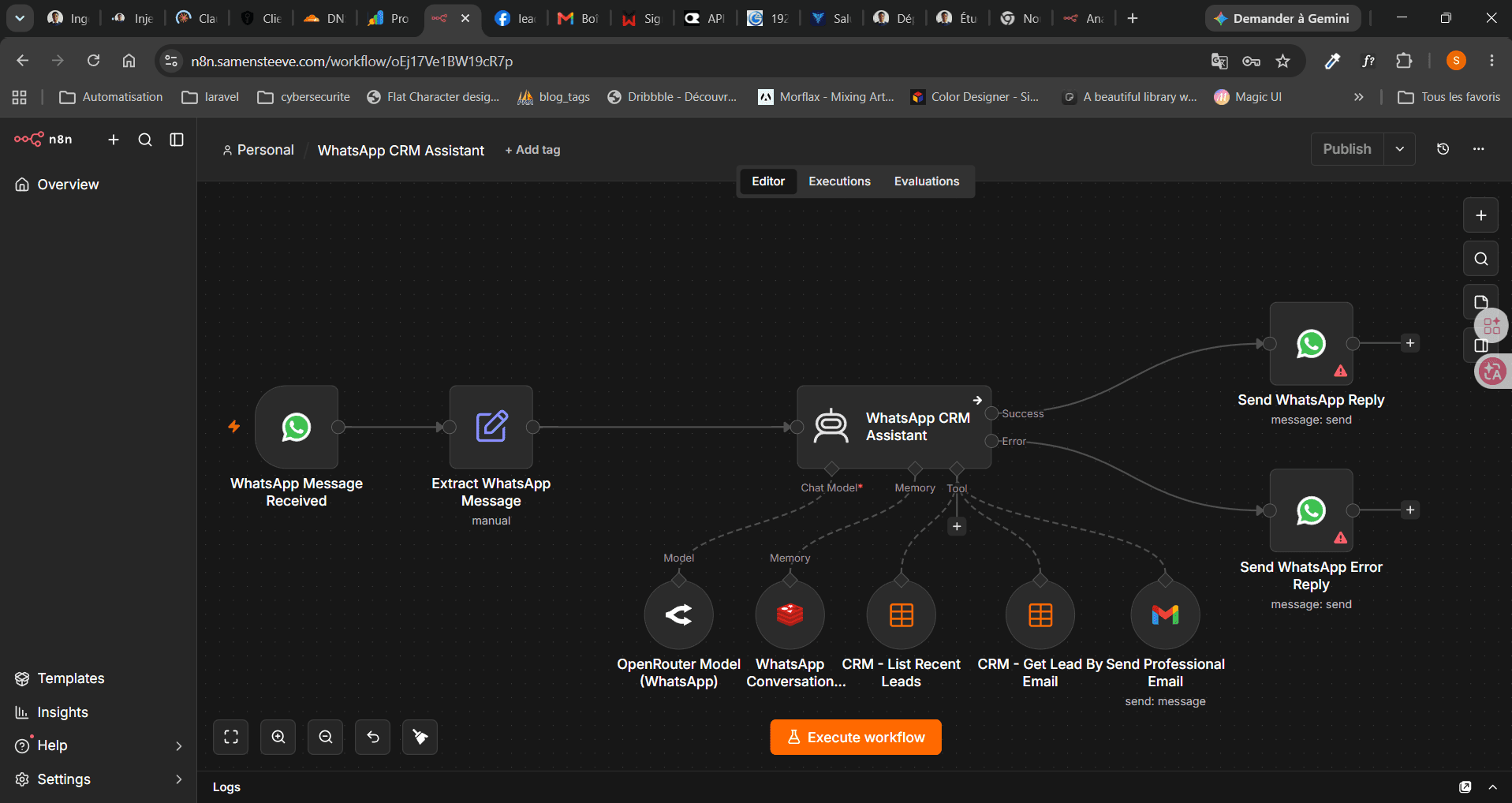 n8n WhatsApp CRM Assistant workflow — message trigger, extraction, AI agent with Redis memory, CRM tools and reply delivery